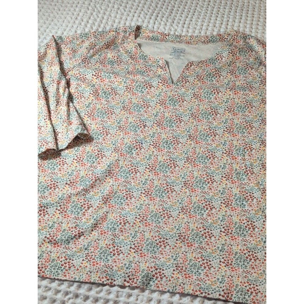 L.L. Bean 100% Cotton Women's Floral Split-Neck Tunic in Cream Size 3X